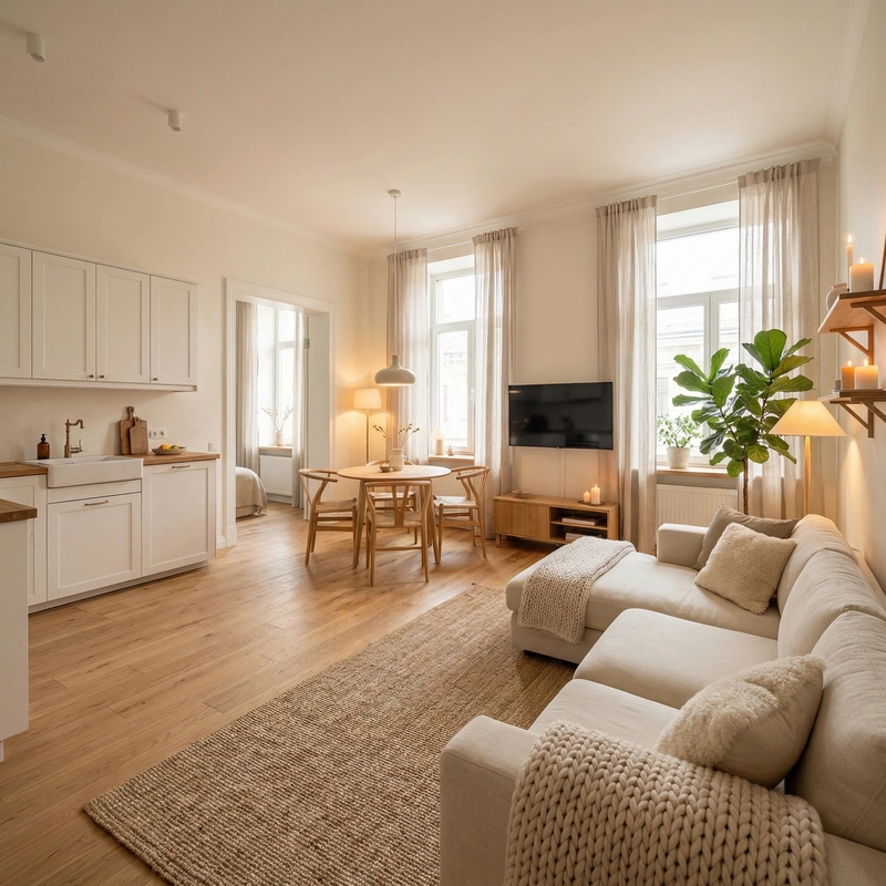 Дизайн гостиной в стиле Хюгге — фото интерьера от нейросети RoomGPT