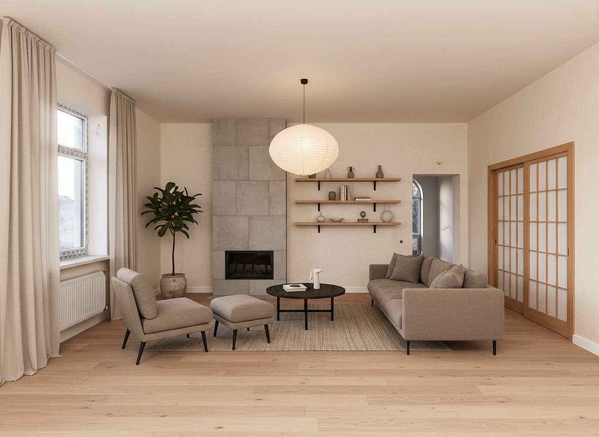 Дизайн гостиной в стиле Japandi — фото интерьера от нейросети RoomGPT