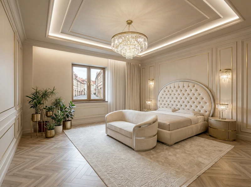 Дизайн спальни в стиле Неоклассика — фото интерьера от нейросети RoomGPT