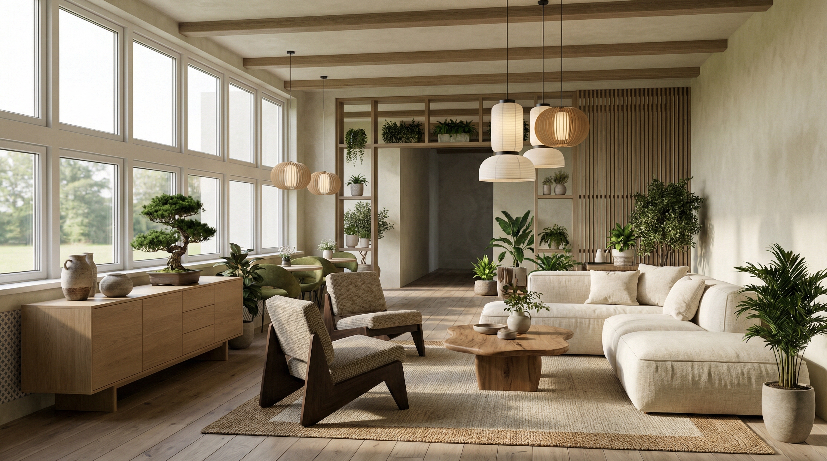 Дизайн гостиной в стиле Japandi — фото интерьера от нейросети RoomGPT