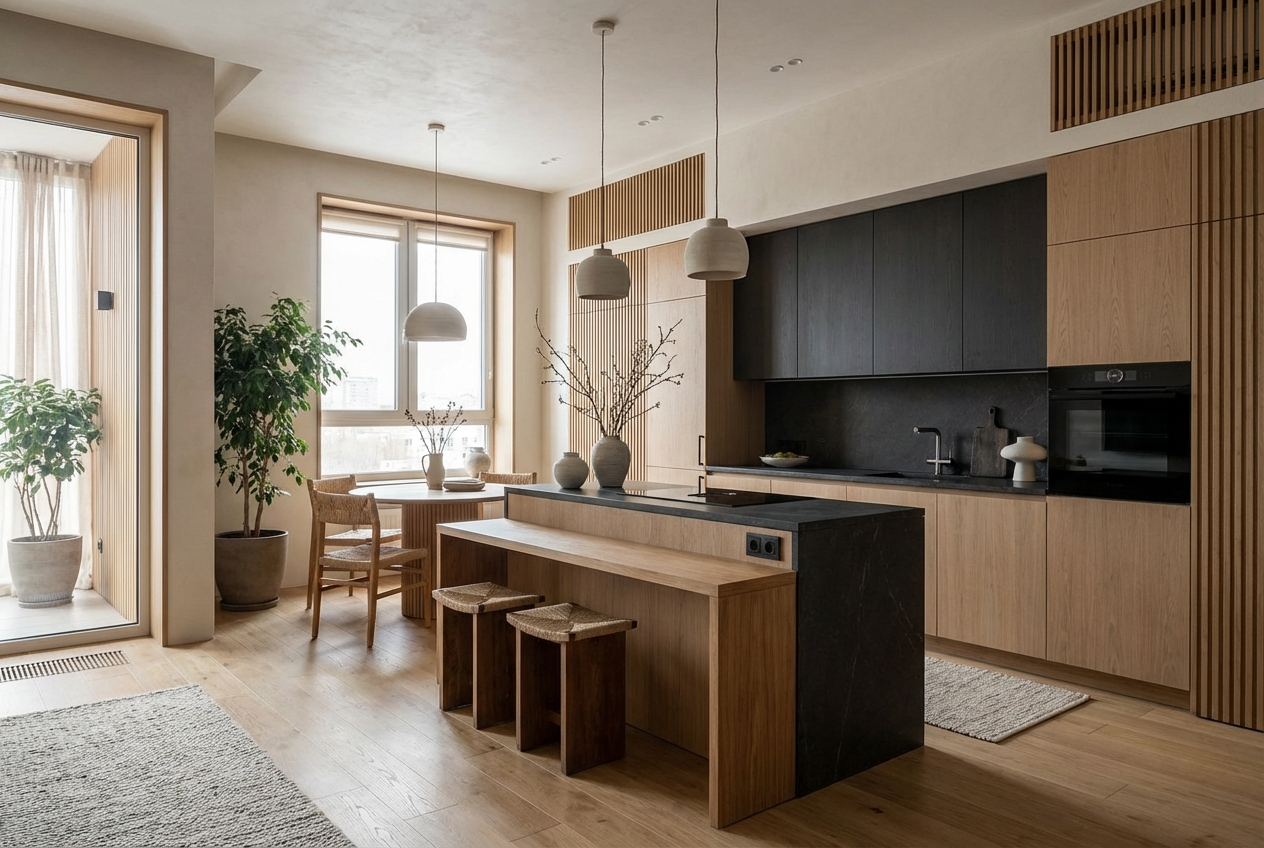 Дизайн кухни в стиле Japandi — фото интерьера от нейросети RoomGPT