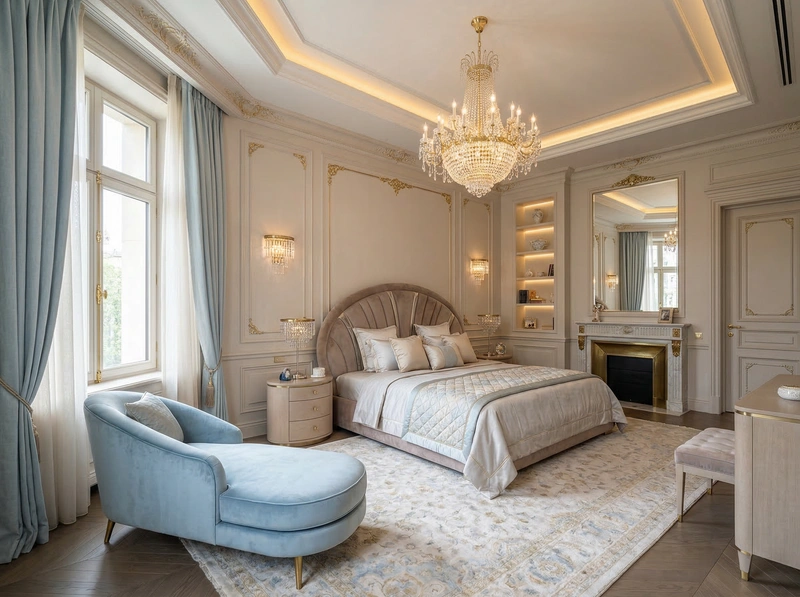 Дизайн спальни в стиле Неоклассика — фото интерьера от нейросети RoomGPT