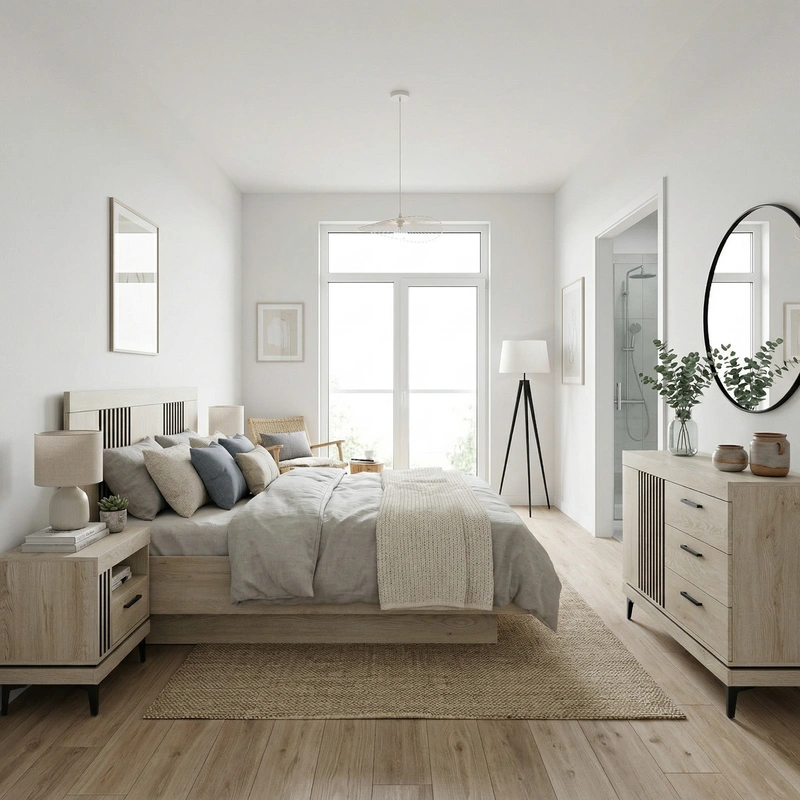 Дизайн спальни в стиле Сканди — фото интерьера от нейросети RoomGPT