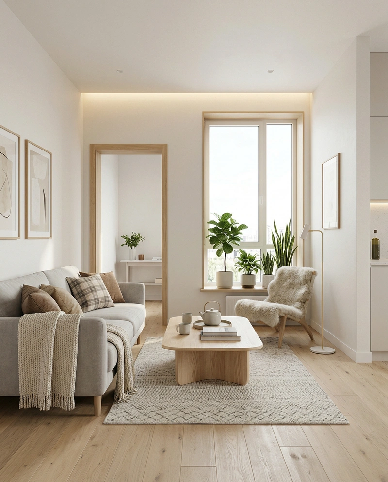 Дизайн гостиной в стиле Хюгге — фото интерьера от нейросети RoomGPT