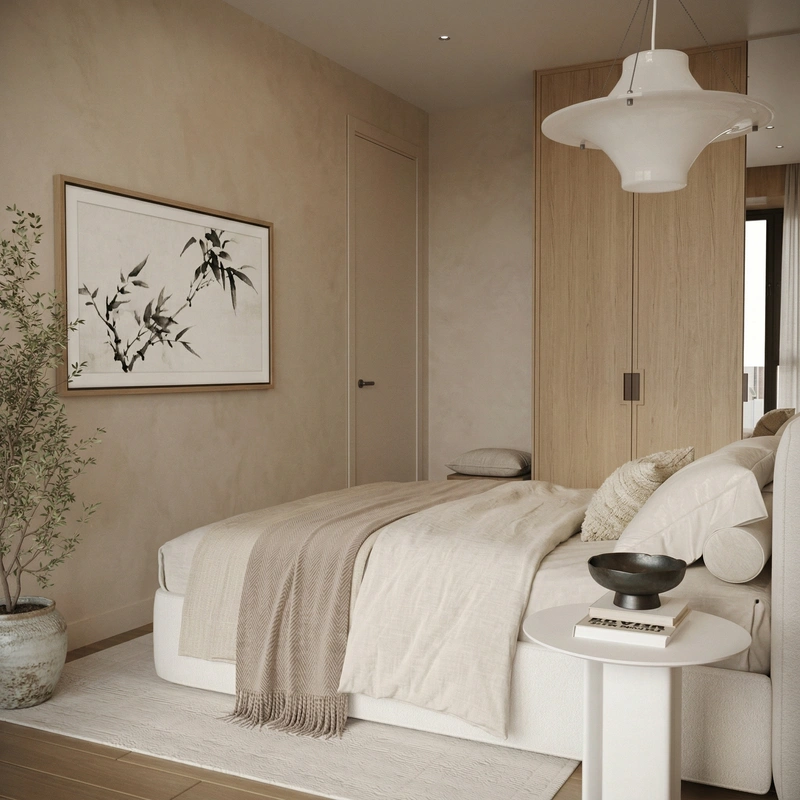 Дизайн спальни в стиле Japandi — фото интерьера от нейросети RoomGPT