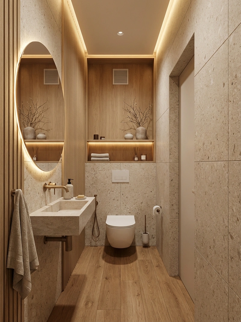 Дизайн ванной в стиле Japandi — фото интерьера от нейросети RoomGPT