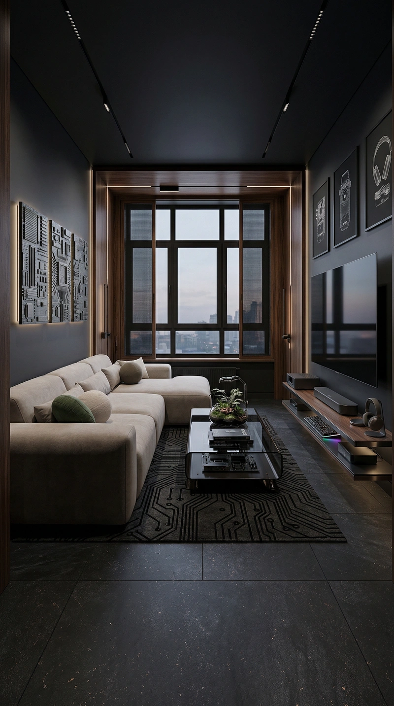 Дизайн гостиной в стиле Блэктэк — фото интерьера от нейросети RoomGPT