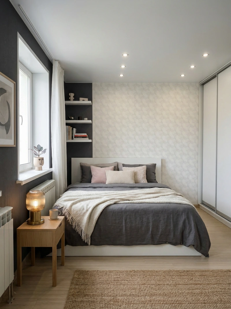 Дизайн спальни в стиле Сканди — фото интерьера от нейросети RoomGPT