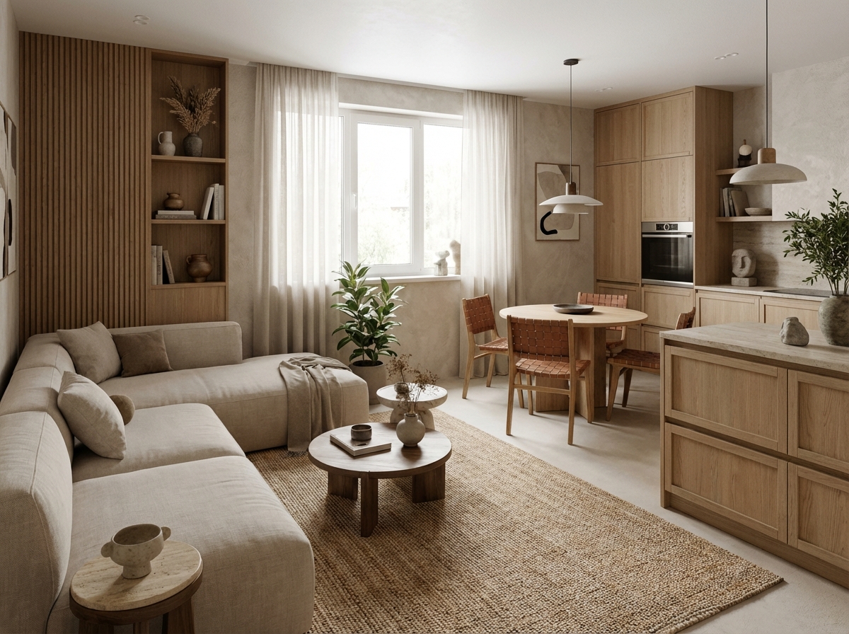 Дизайн гостиной в стиле Japandi — фото интерьера от нейросети RoomGPT