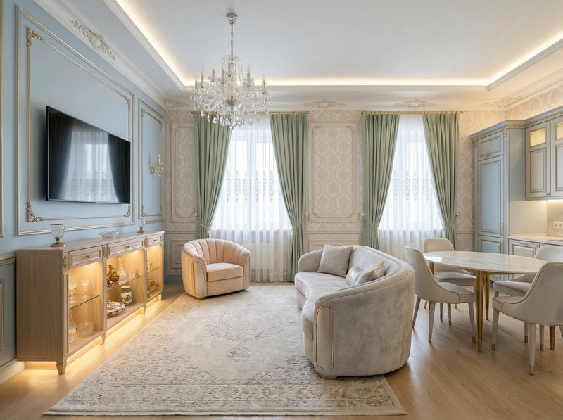 Дизайн гостиной в стиле Неоклассика — фото интерьера от нейросети RoomGPT