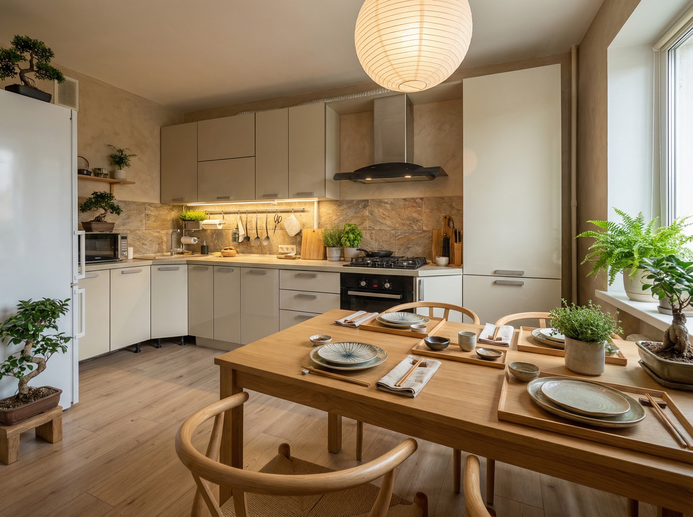 Дизайн кухни в стиле Japandi — фото интерьера от нейросети RoomGPT