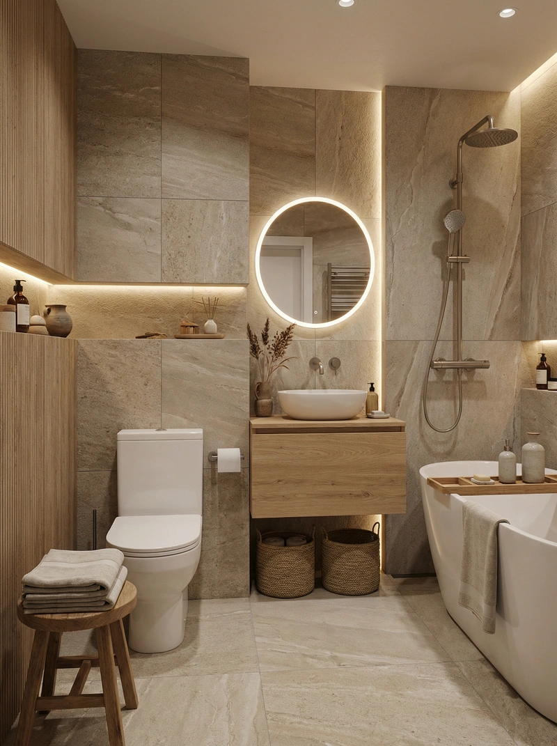 Дизайн ванной в стиле Japandi — фото интерьера от нейросети RoomGPT