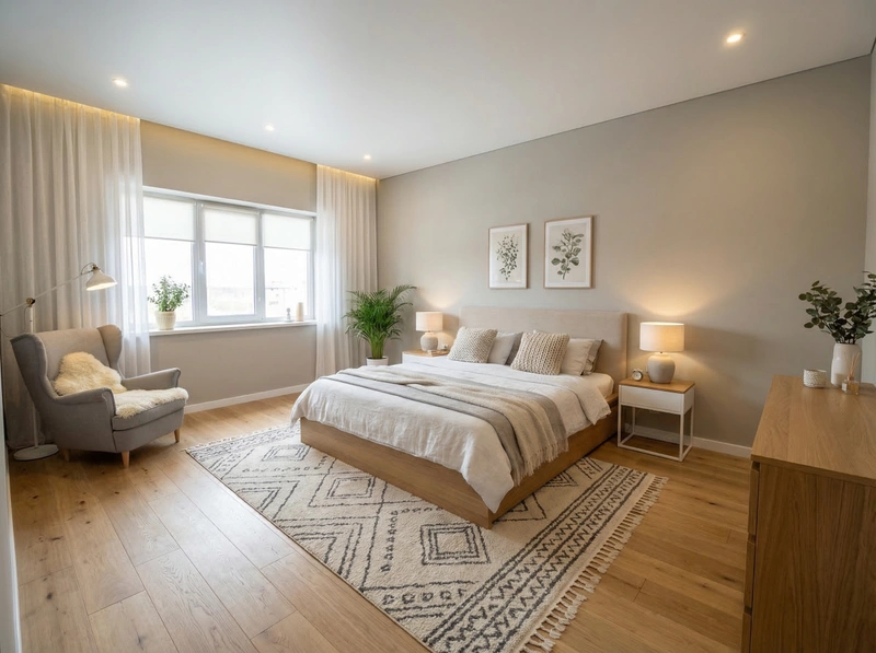 Дизайн спальни в стиле Сканди — фото интерьера от нейросети RoomGPT