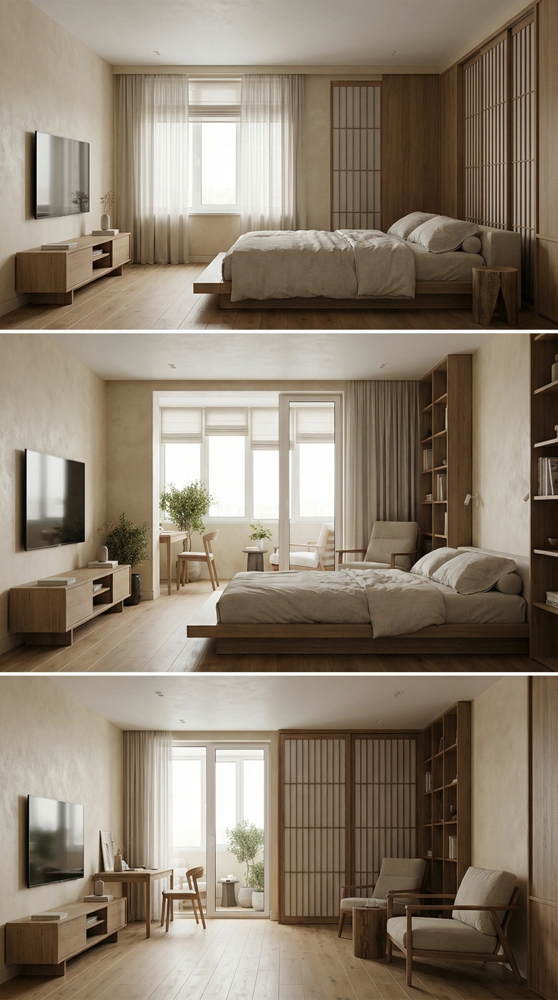 Дизайн спальни в стиле Japandi — фото интерьера от нейросети RoomGPT