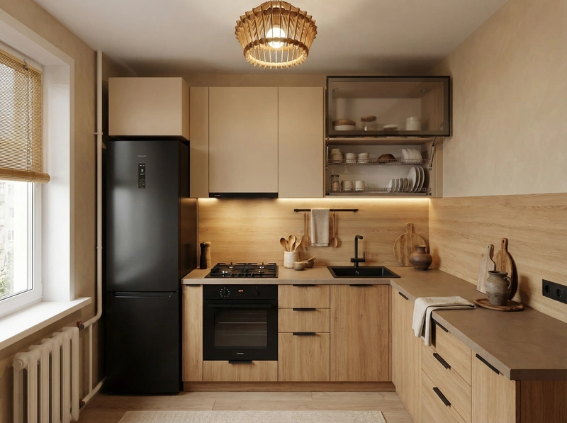 Дизайн кухни в стиле Japandi — фото интерьера от нейросети RoomGPT