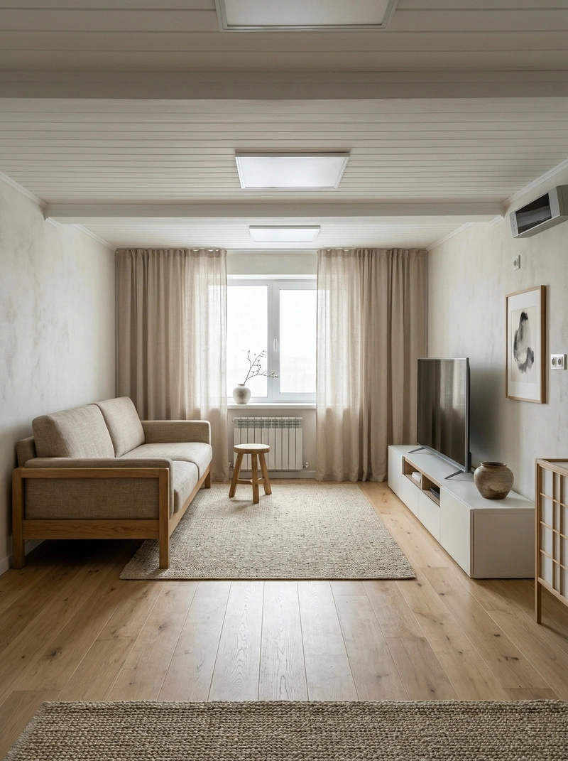 Дизайн гостиной в стиле Japandi — фото интерьера от нейросети RoomGPT