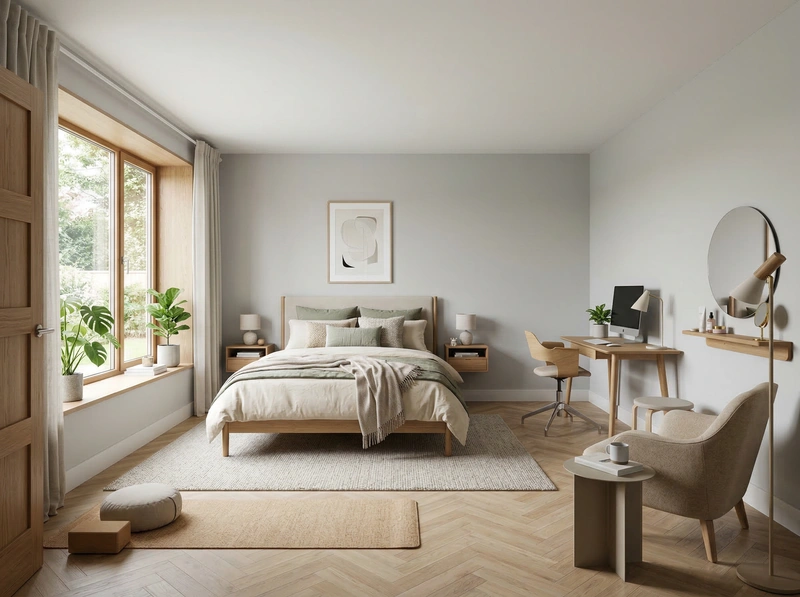 Дизайн спальни в стиле Сканди — фото интерьера от нейросети RoomGPT
