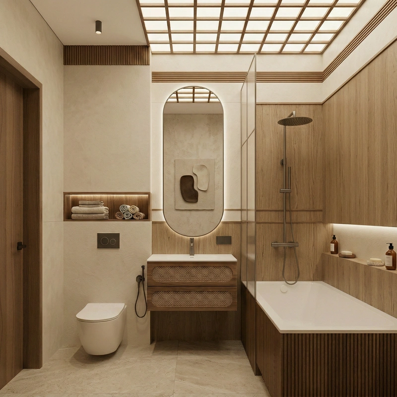 Дизайн ванной в стиле Japandi — фото интерьера от нейросети RoomGPT