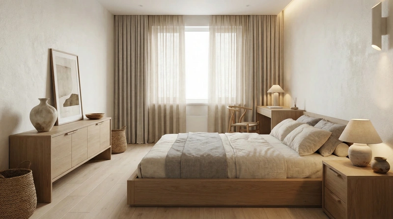 Дизайн спальни в стиле Japandi — фото интерьера от нейросети RoomGPT