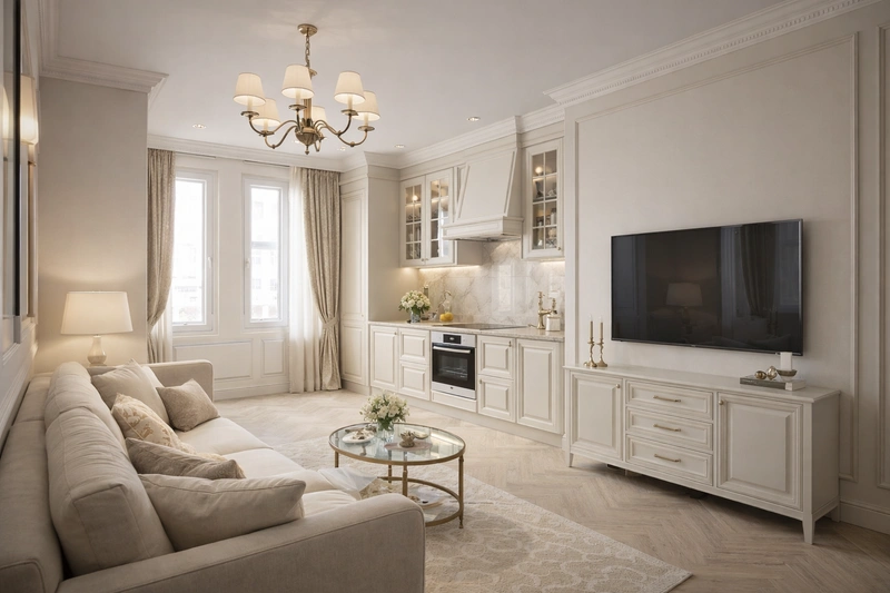 Дизайн кухни в стиле Классика — фото интерьера от нейросети RoomGPT