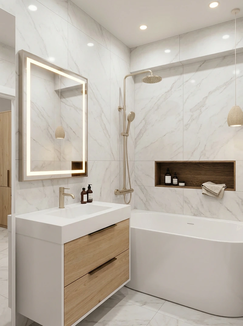 Дизайн ванной в стиле Сканди — фото интерьера от нейросети RoomGPT