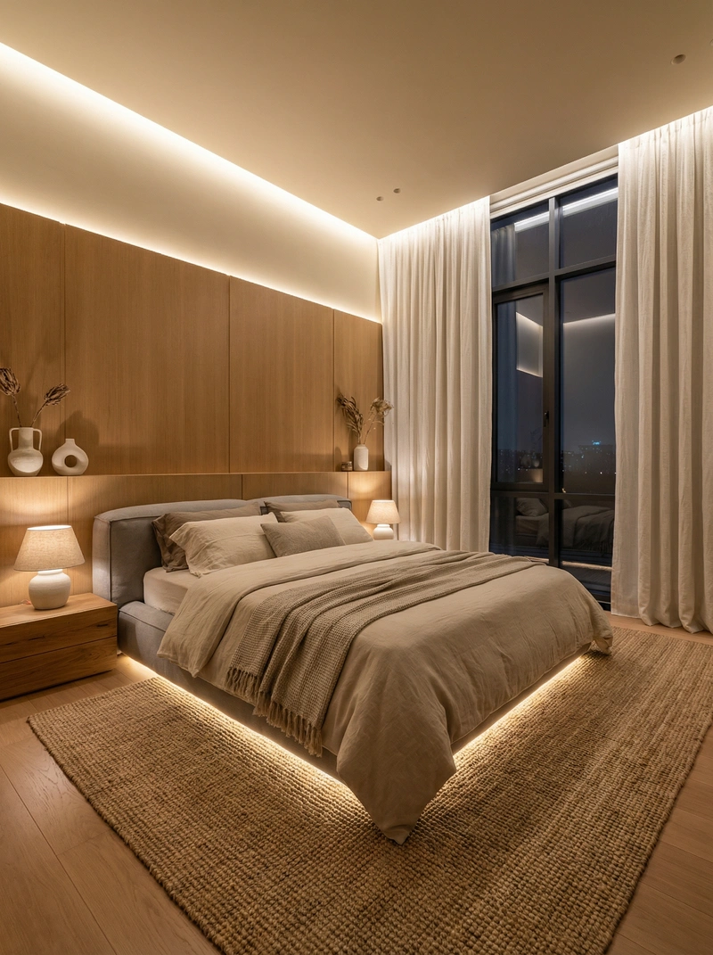 Дизайн спальни в стиле Japandi — фото интерьера от нейросети RoomGPT