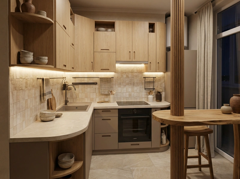 Дизайн кухни в стиле Japandi — фото интерьера от нейросети RoomGPT