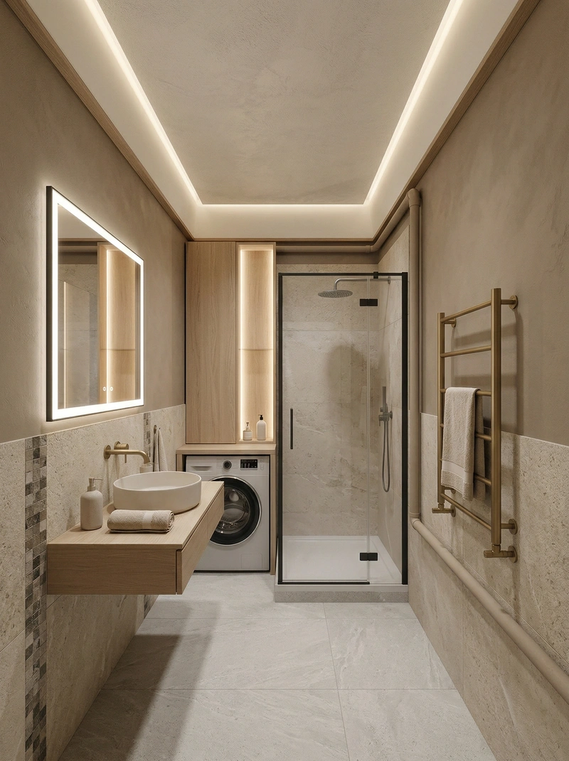 Дизайн ванной в стиле Japandi — фото интерьера от нейросети RoomGPT