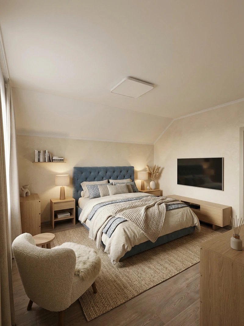 Дизайн спальни в стиле Хюгге — фото интерьера от нейросети RoomGPT