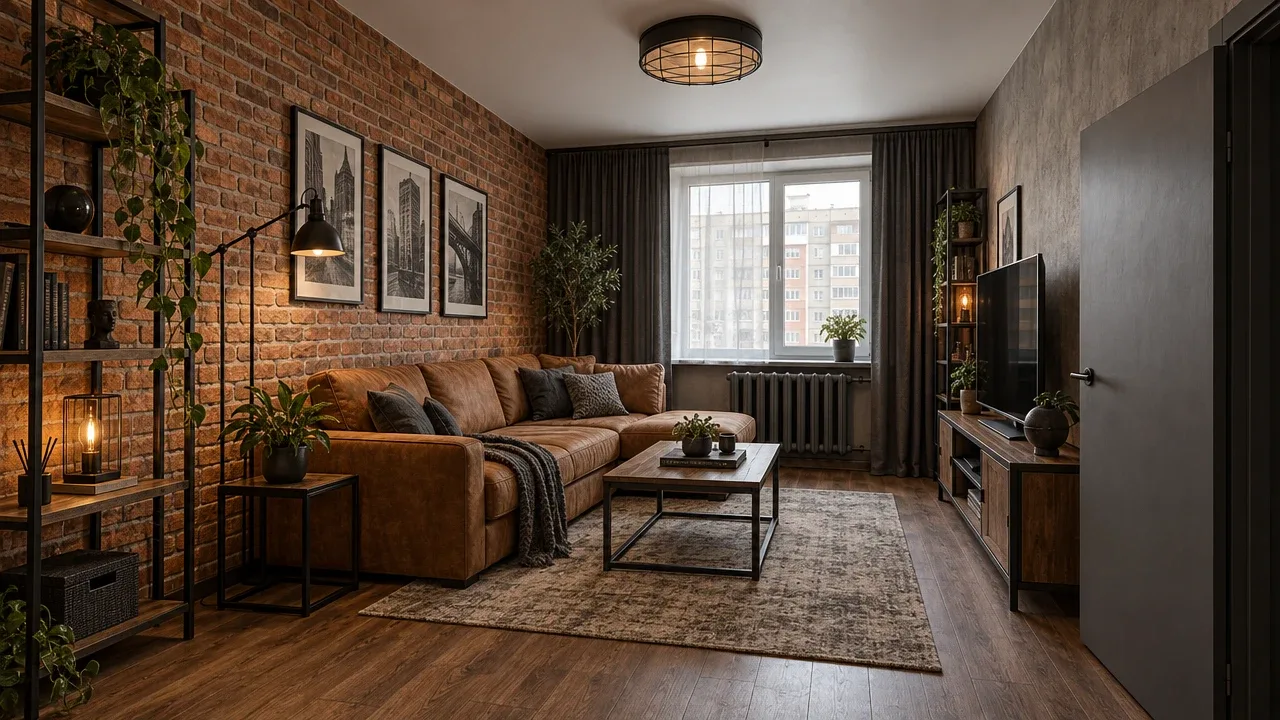 Та же гостиная в стиле лофт — результат RoomGPT