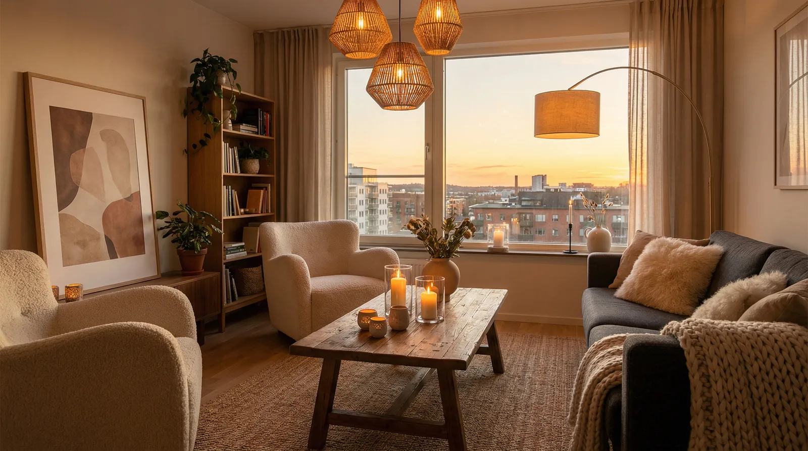 Свечи и тёплый свет в стиле Хюгге — пример интерьера | RoomGPT