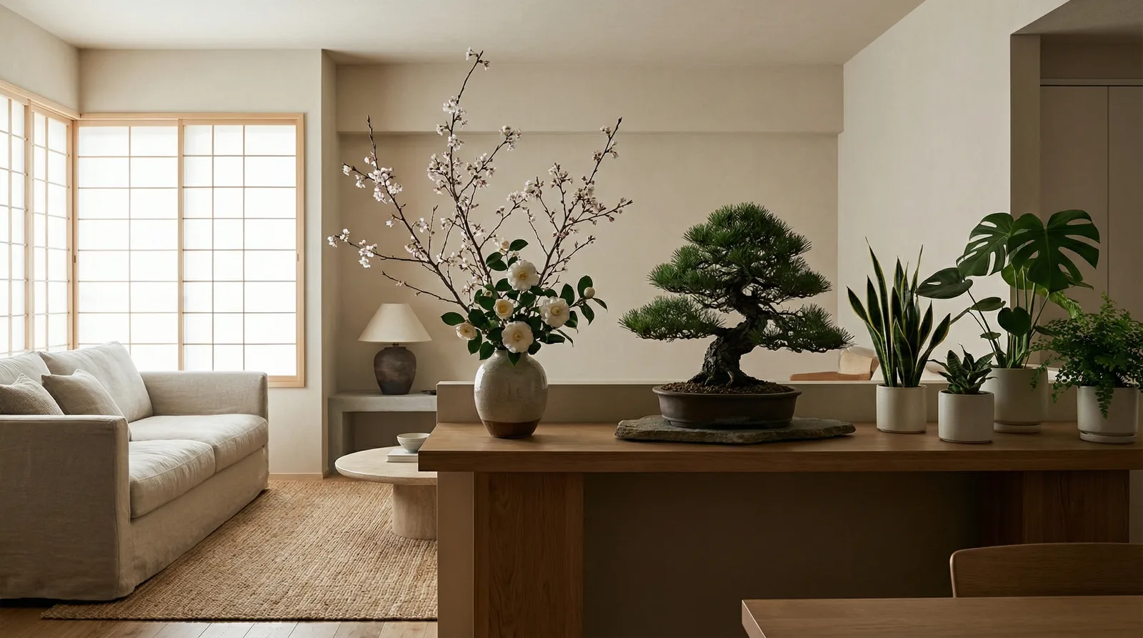 Растения и икебана в стиле Japandi — пример интерьера | RoomGPT