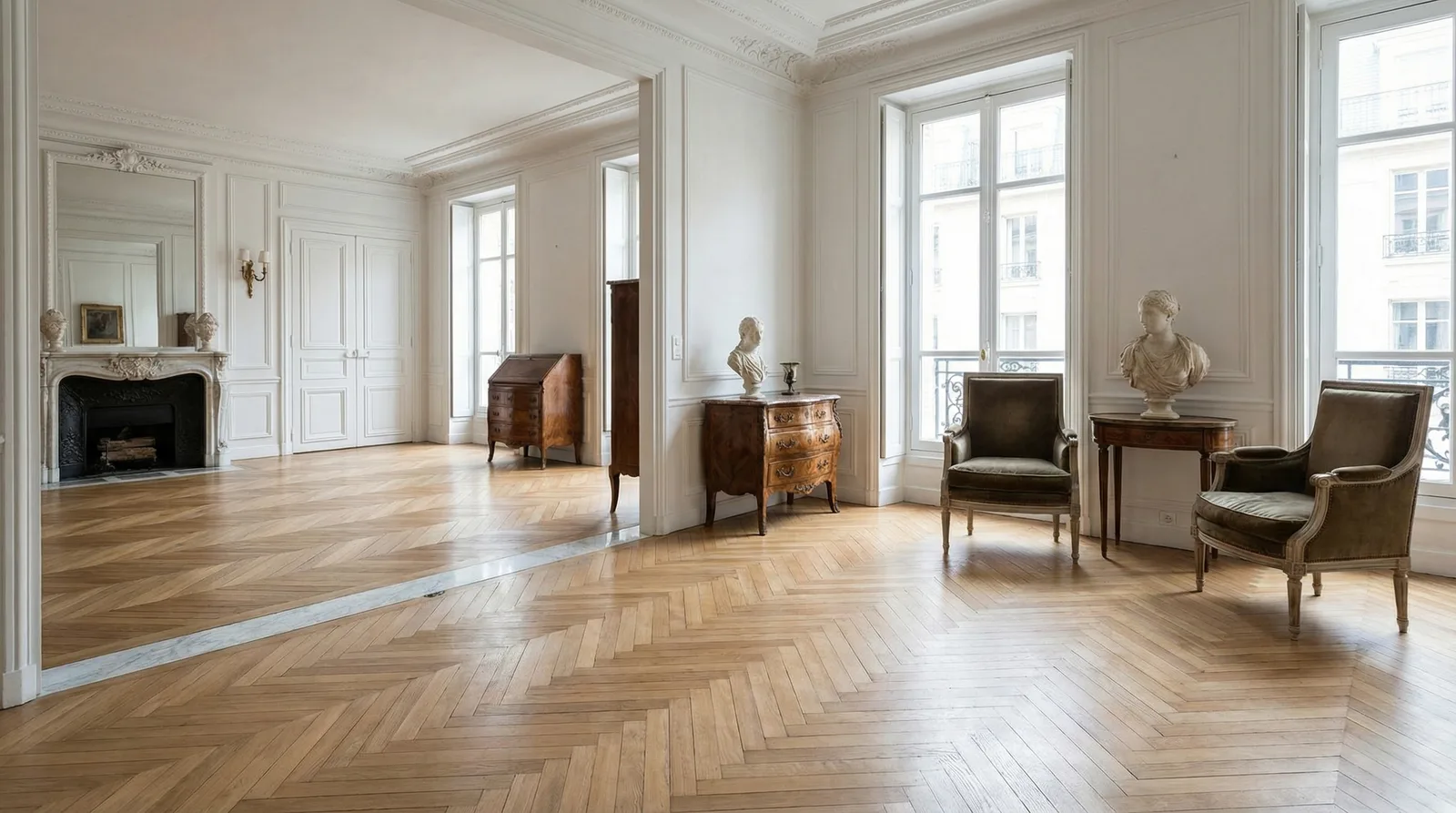 Паркет ёлочкой в стиле Неоклассика — пример интерьера | RoomGPT