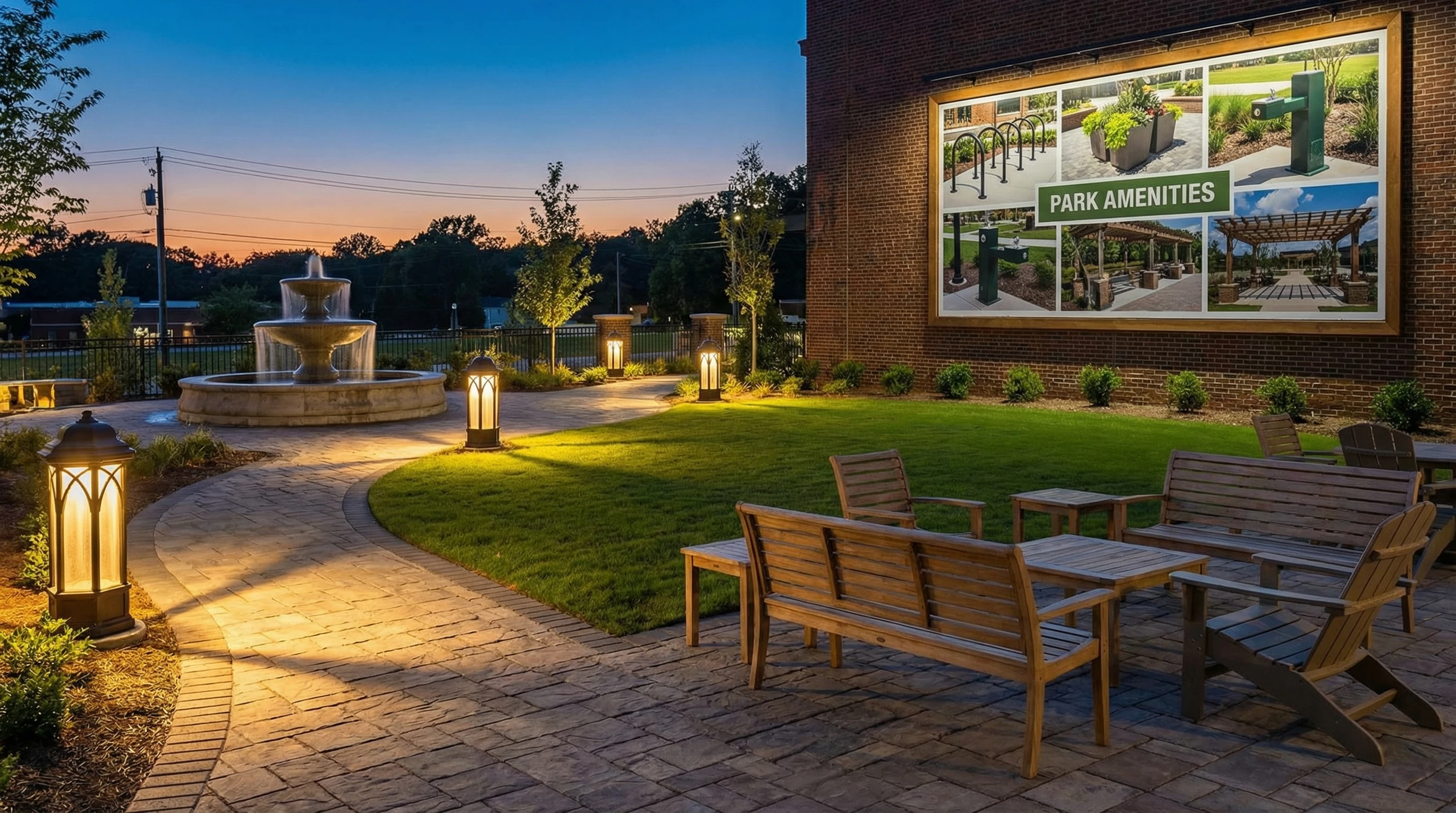 Элементы благоустройства: дорожки, освещение, водоём