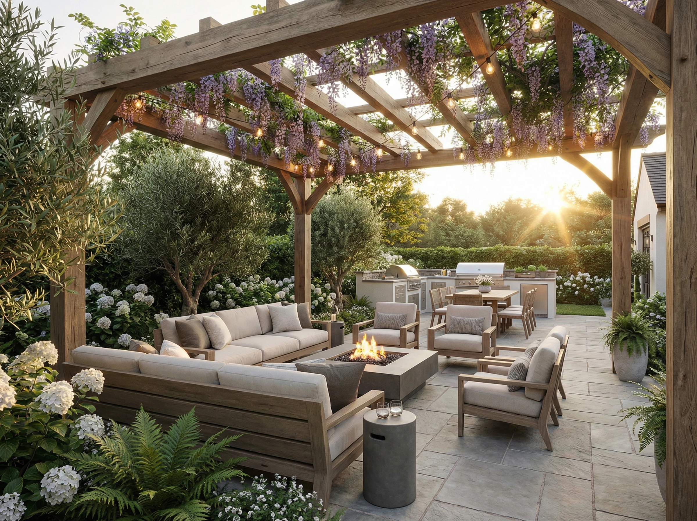 Уютная беседка с зоной отдыха в саду