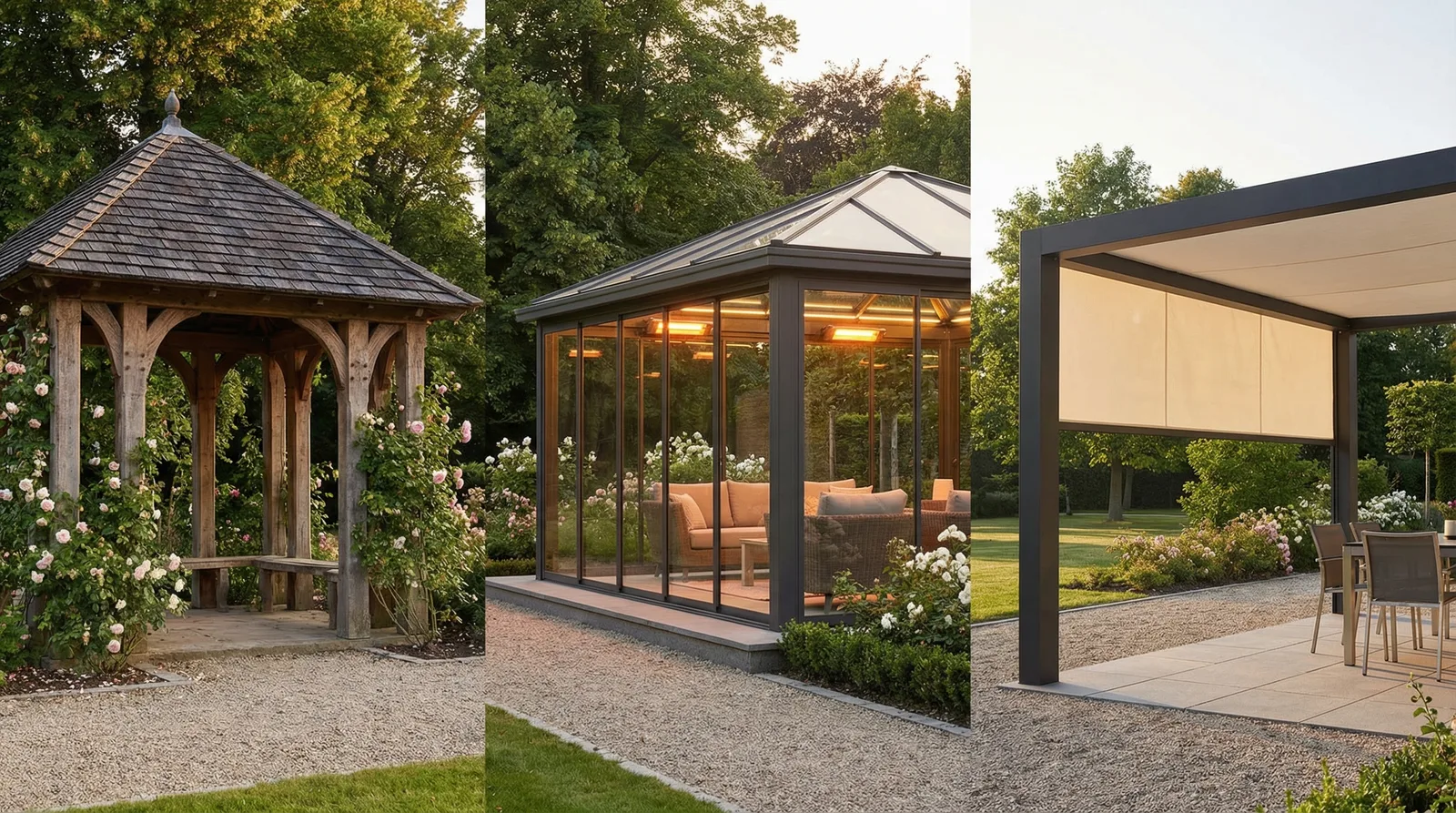 Типы беседок — открытая, полузакрытая, закрытая