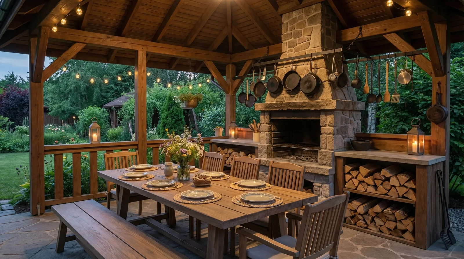 Беседка с мангалом и зоной барбекю