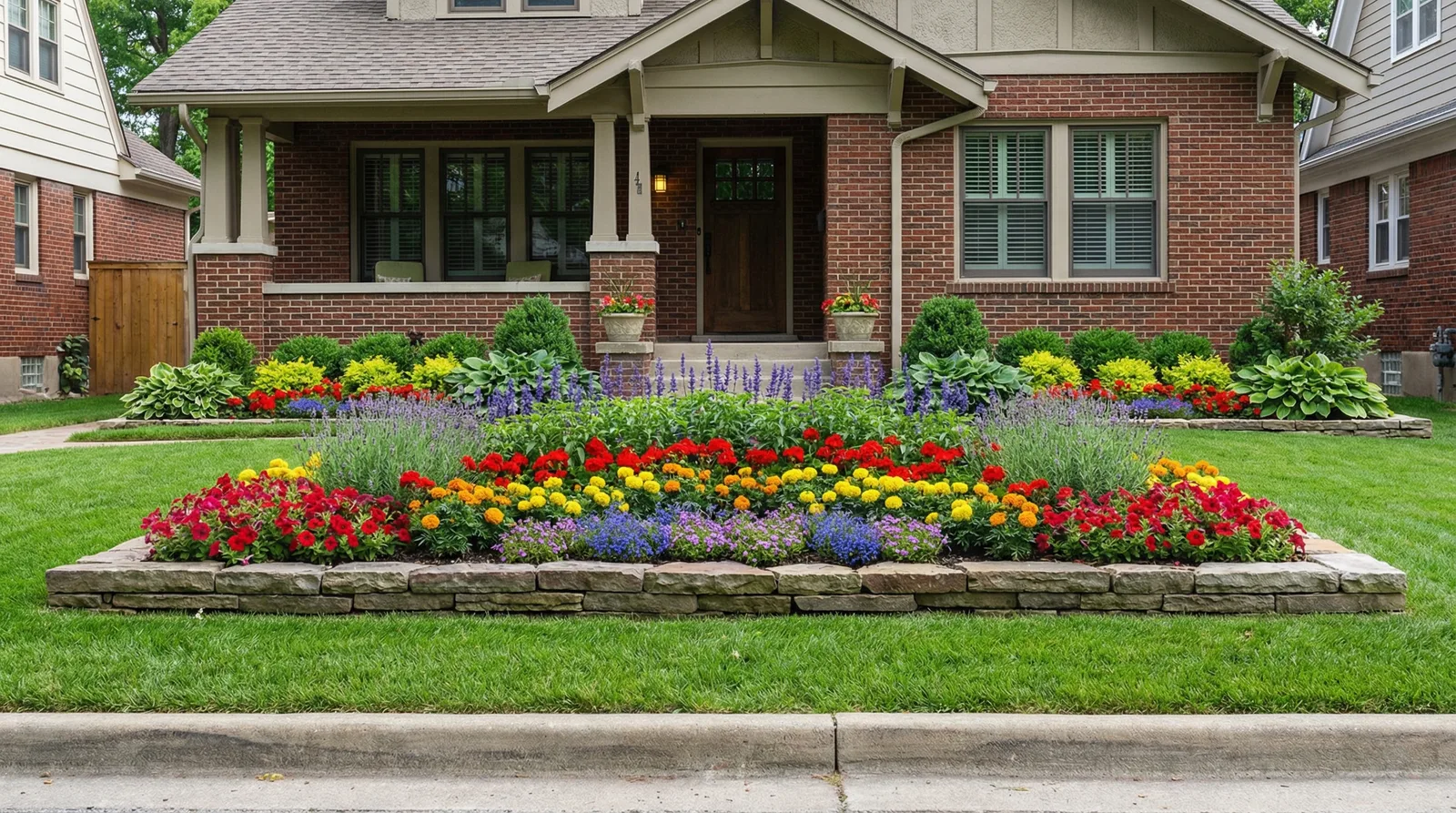 Клумба перед домом и цветник вдоль дорожки