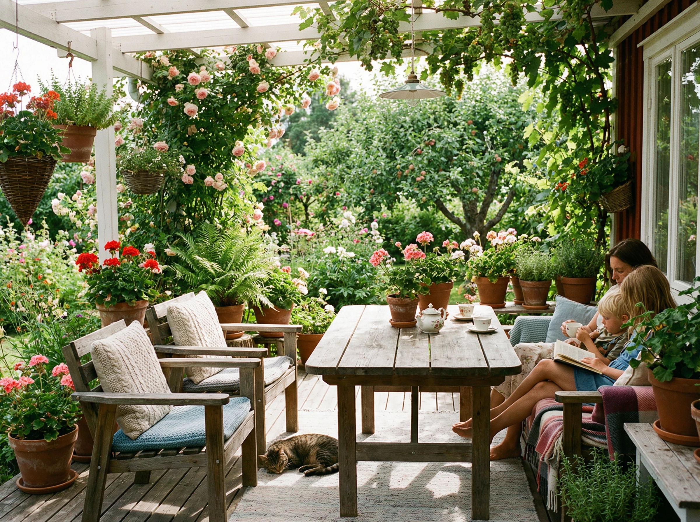 Уютная дачная терраса с деревянной мебелью