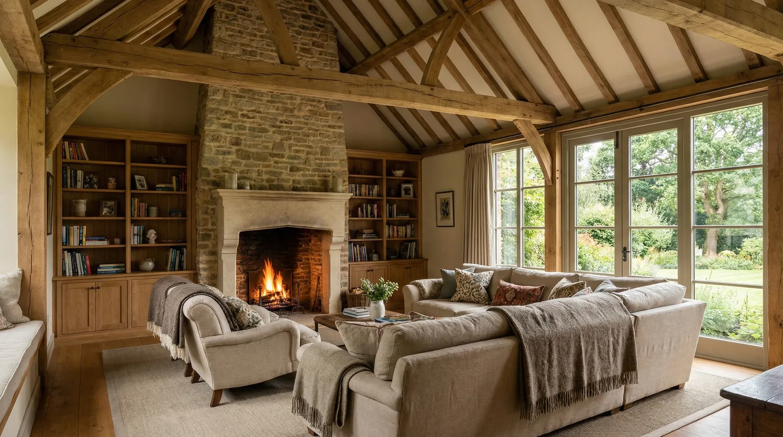 Дизайн интерьера частного дома — высокие потолки, камин, лестница