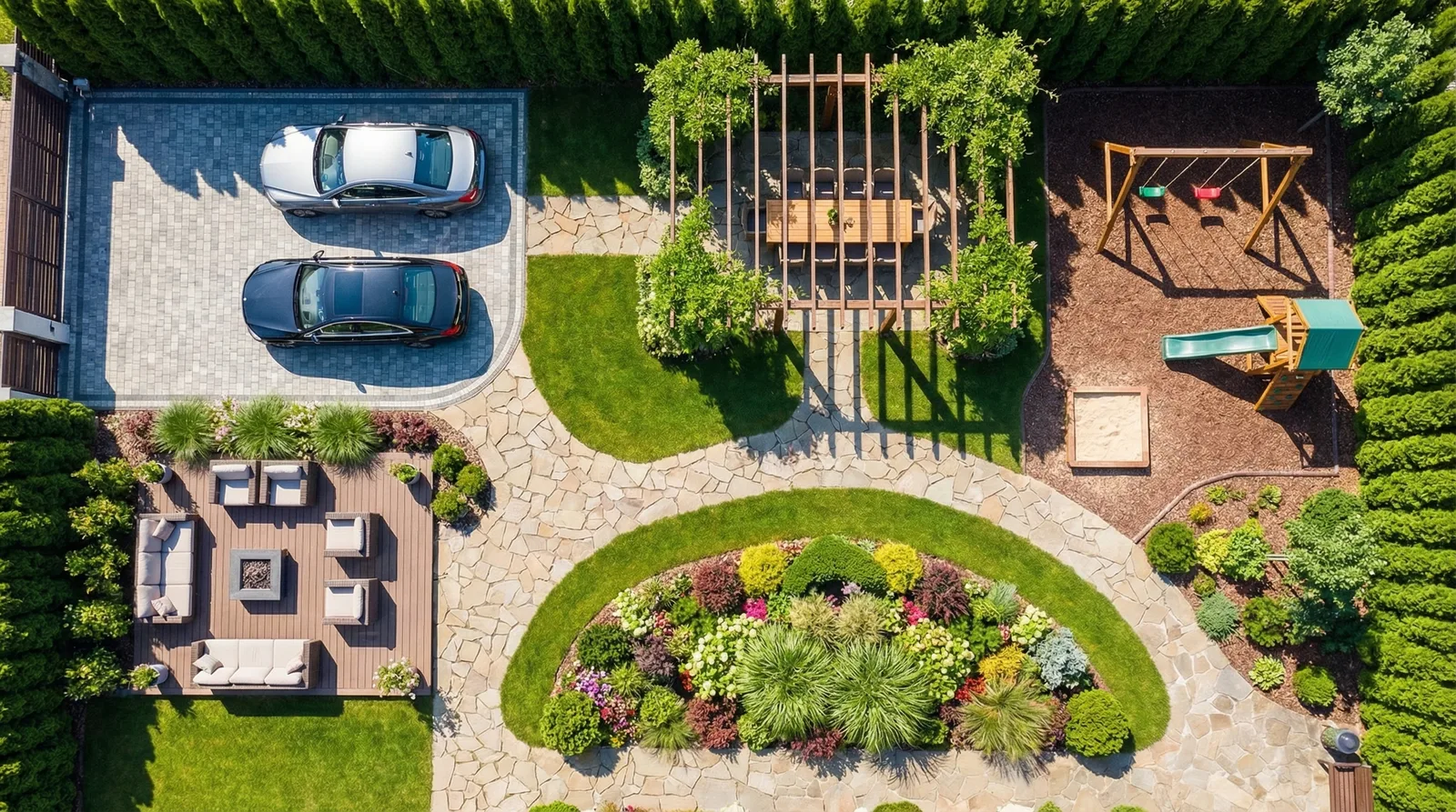 Зонирование двора частного дома — патио, дорожки, озеленение