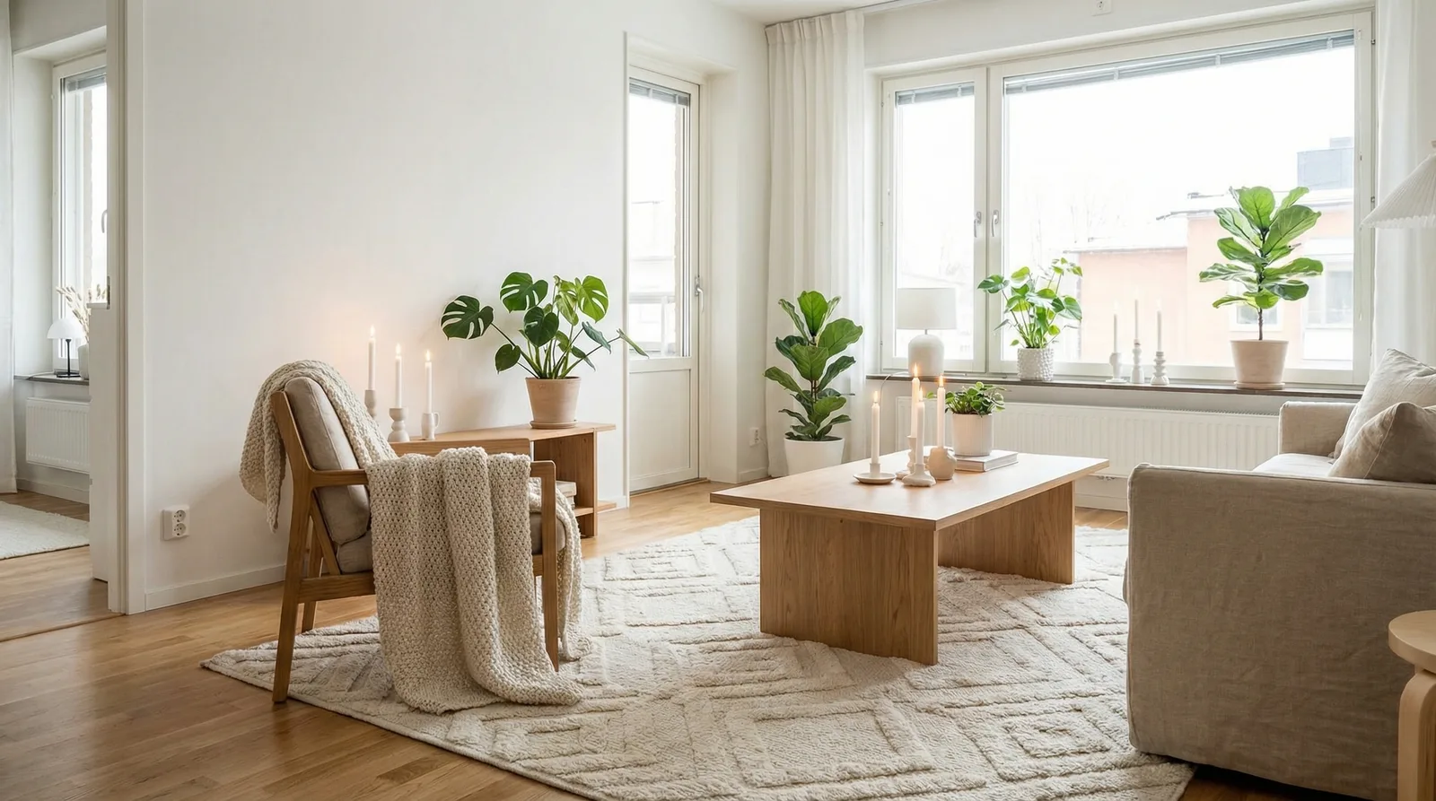 Скандинавский интерьер — белые стены, натуральное дерево, хюгге атмосфера