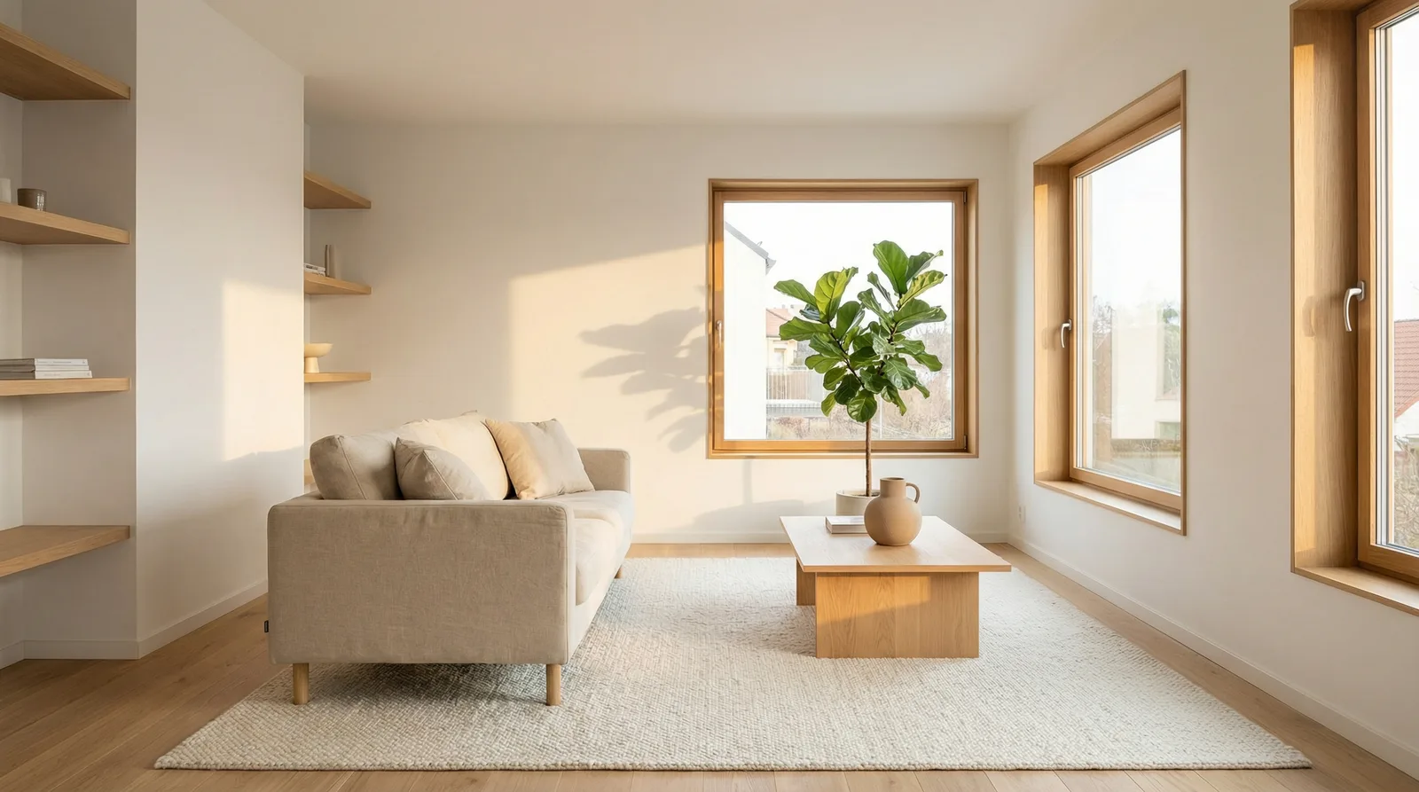 Скандинавский дизайн комнаты с белыми стенами, светлой мебелью и уютным текстилем