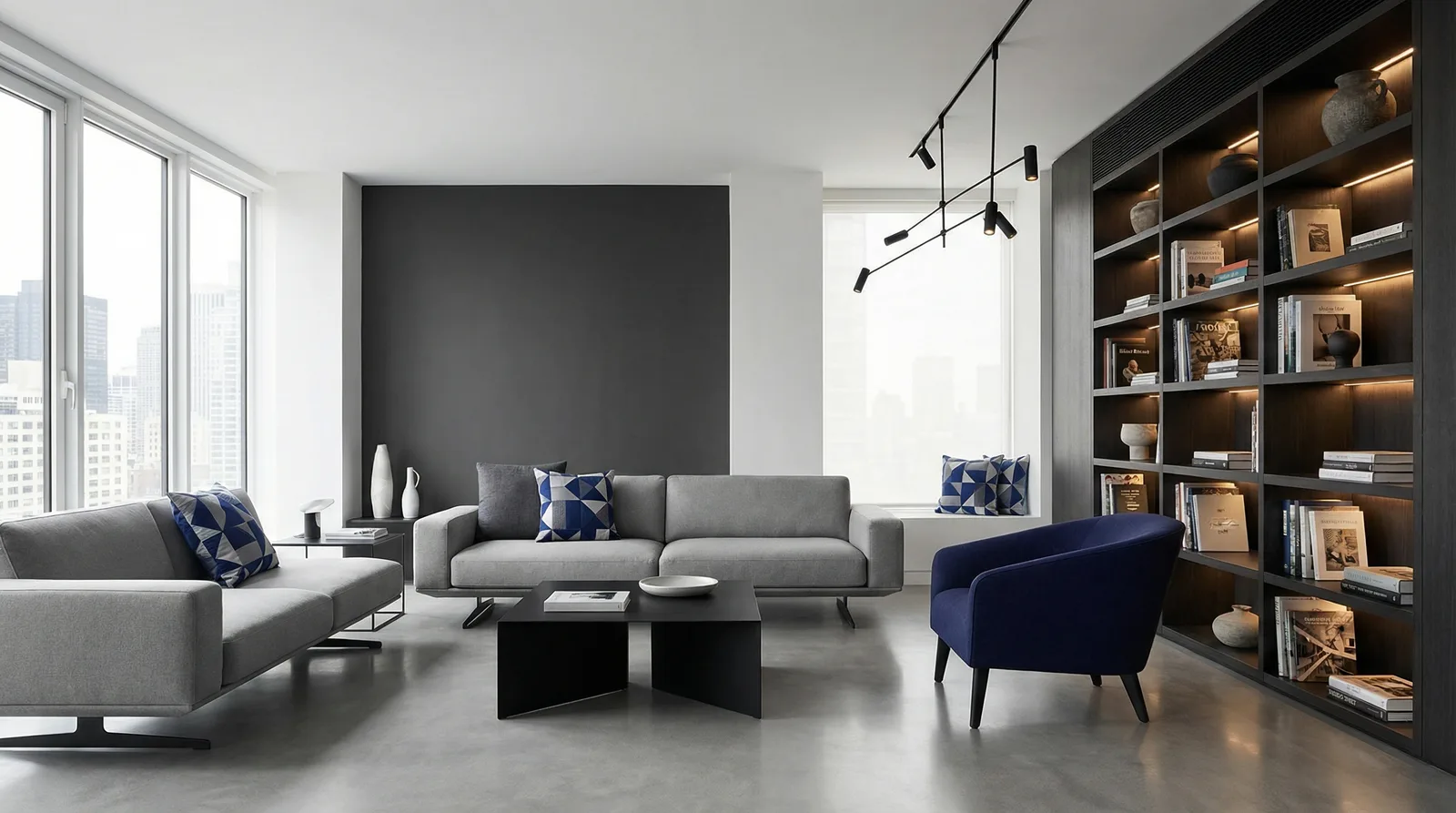 Современный дизайн комнаты с минималистичной мебелью и продуманным освещением