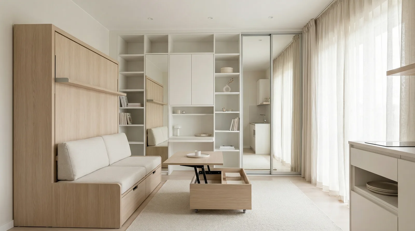 Дизайн маленькой комнаты с многофункциональной мебелью и умным использованием пространства