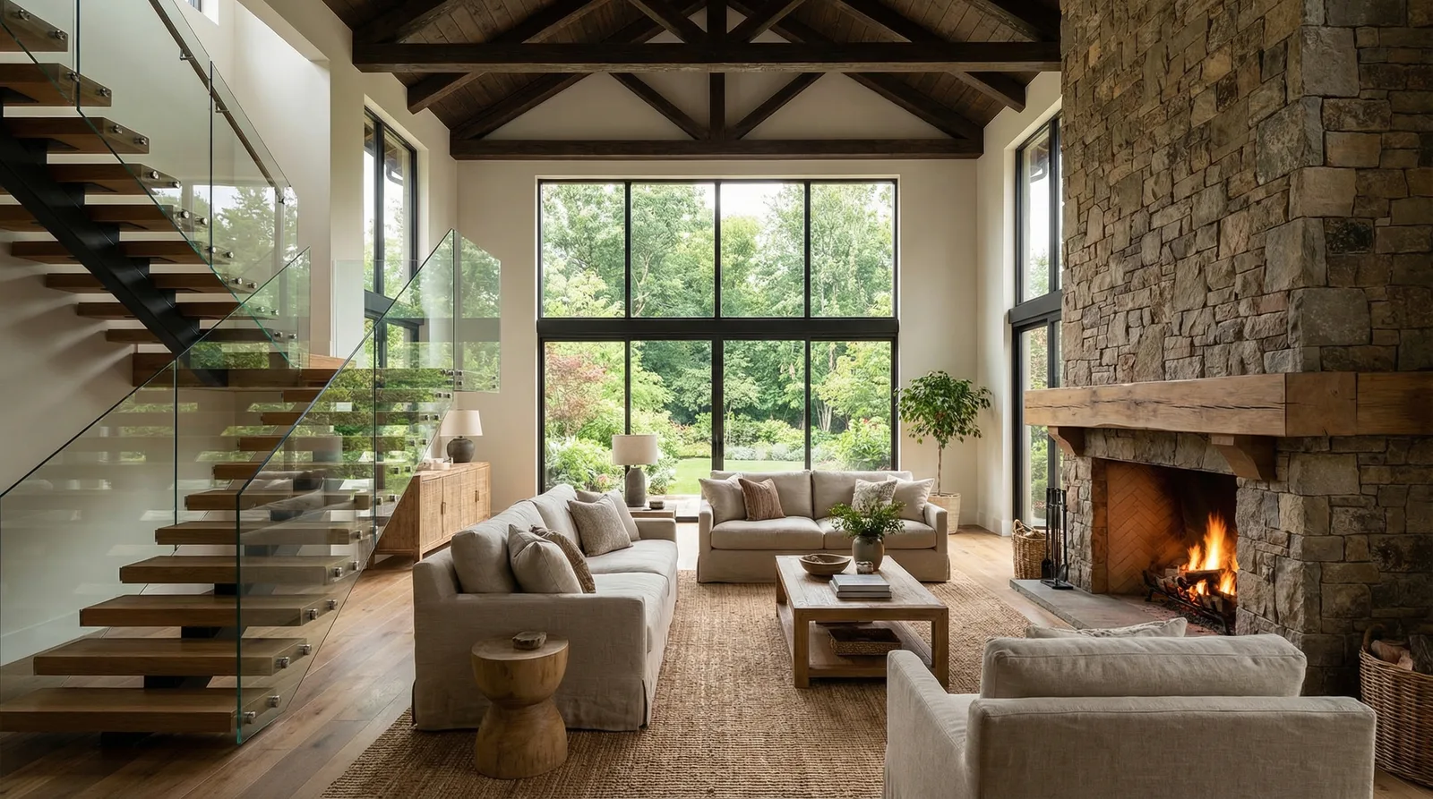 Интерьер коттеджа — гостиная с двойным светом и панорамными окнами