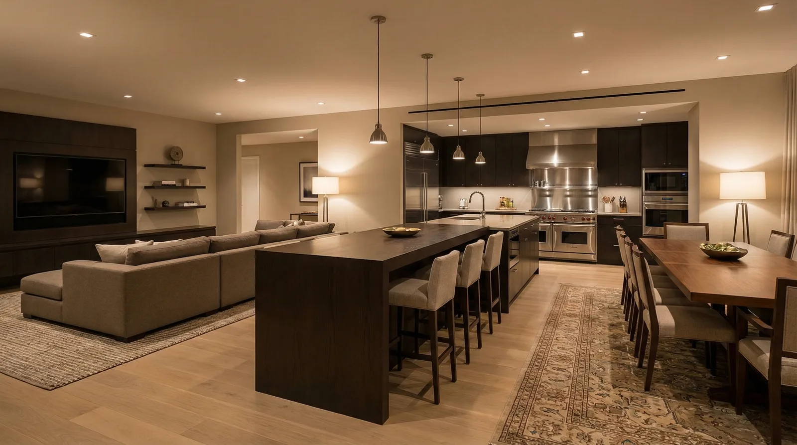 Зонирование кухни-гостиной — барная стойка, остров, диван