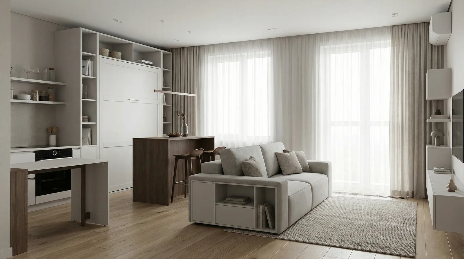Дизайн однокомнатной квартиры — умное зонирование и многофункциональная мебель