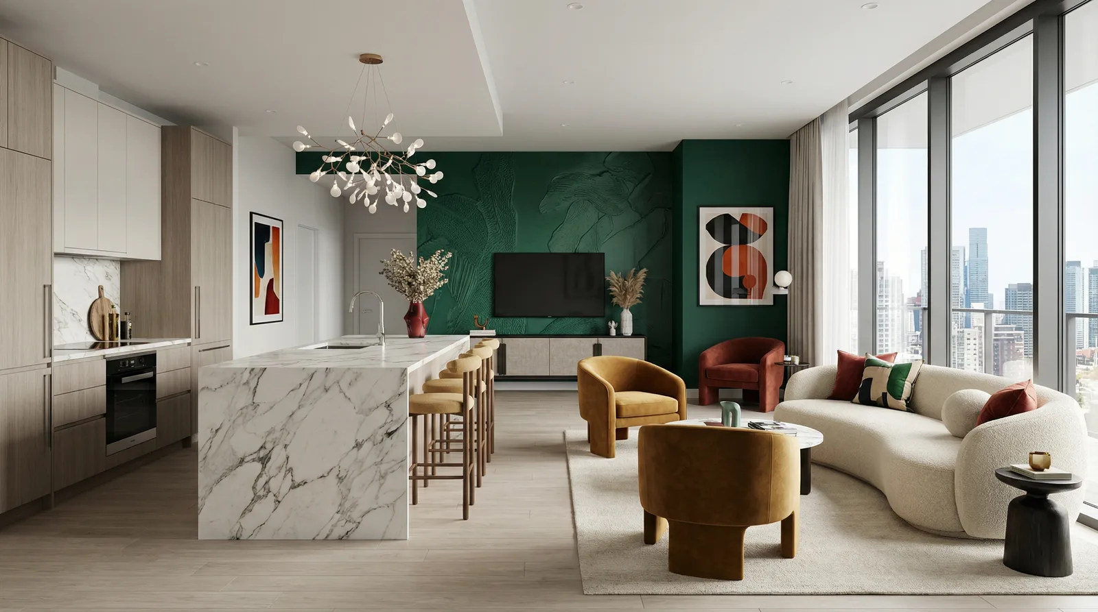 Дизайн квартиры в современном стиле — открытая планировка, мраморный остров, акцентная стена