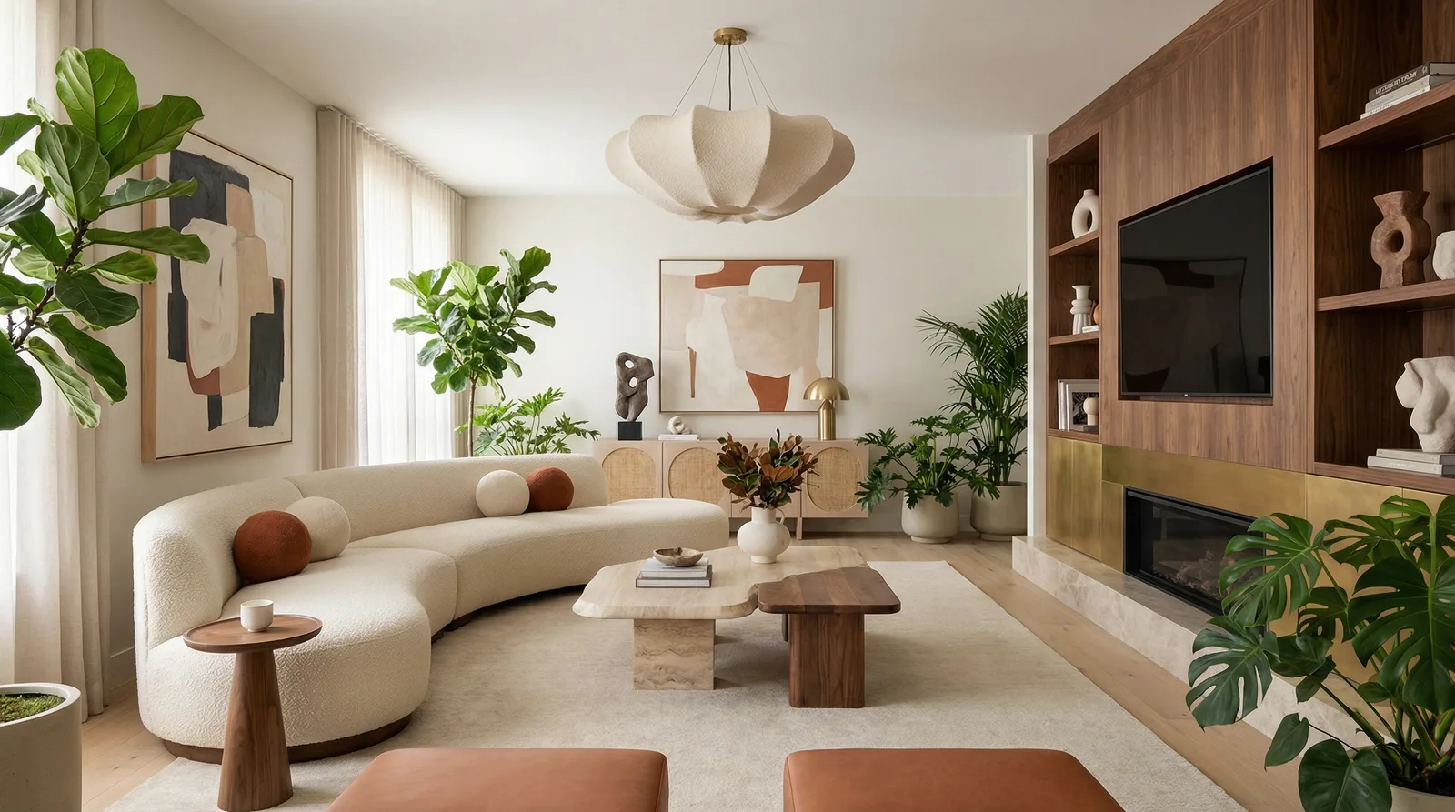 Дизайн-проект гостиной — современная гостиная с дизайнерским диваном и подсветкой